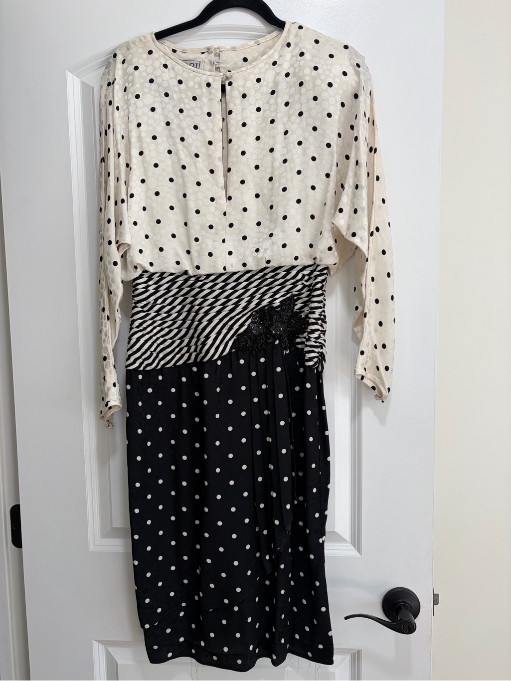 Vintage 80s A.J. Bari Silk Polka Dot Mixed Print Cocktail Dress.